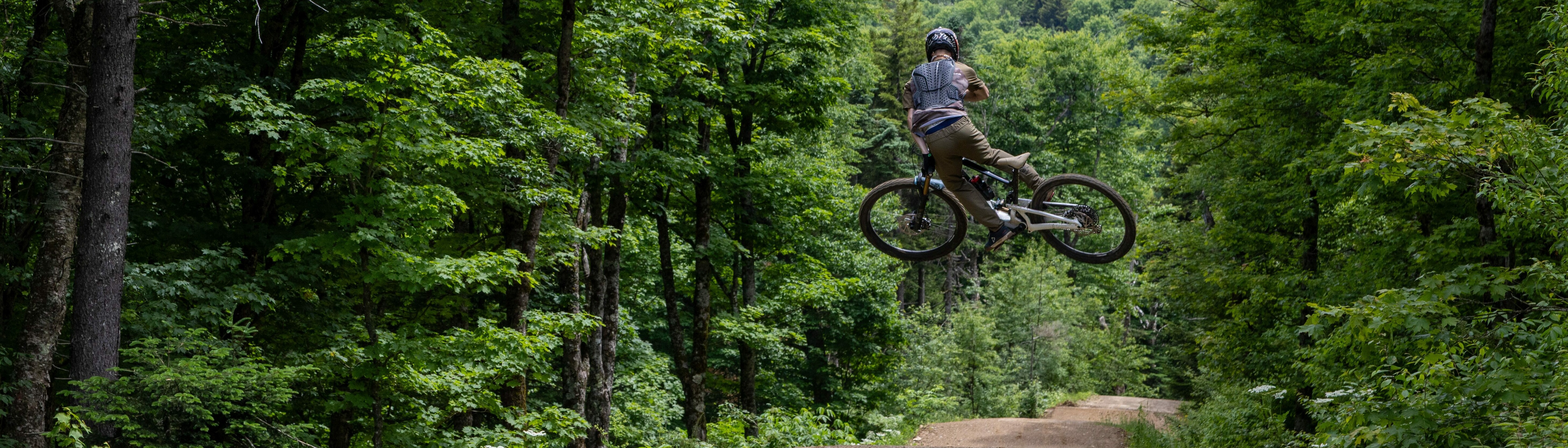 A mountain biker jumps mid-air over a dirt path in a lush, green forest.