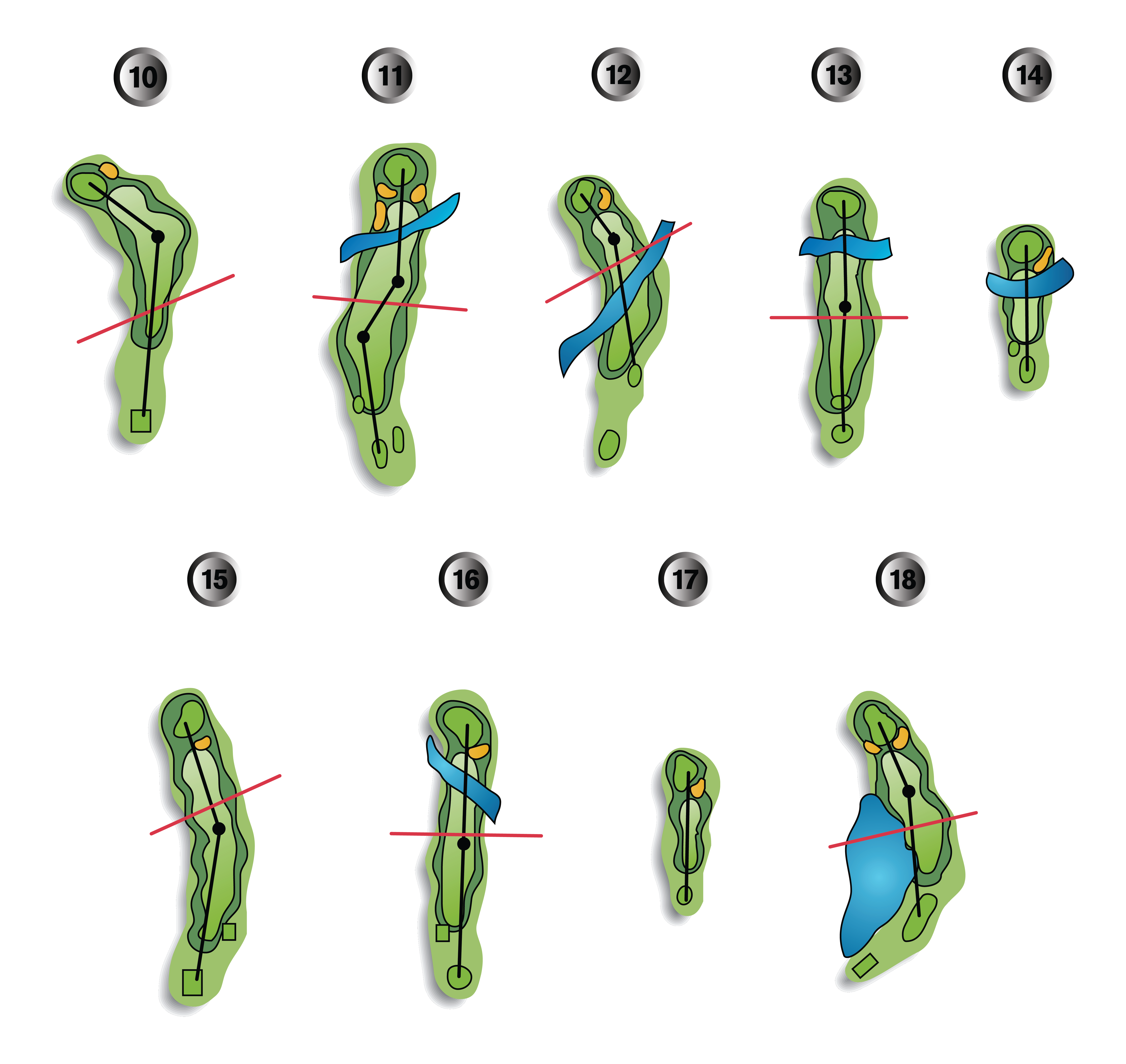 Illustration of a golf course layout with 9 numbered holes, featuring paths and obstacles.