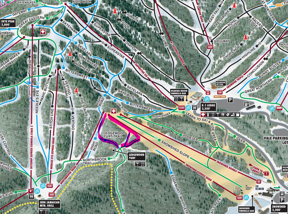 Screenshot of Killington's trail map with directions to Ledgewood Yurt highlighted